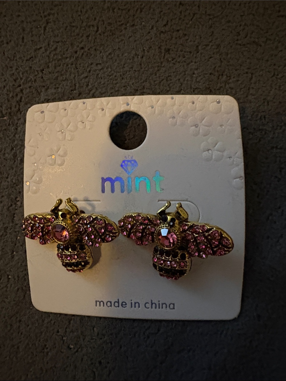 Mint Pink Crystal Bee Stud Earrings